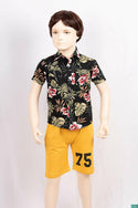 Boy’s half sleeve slim fit Shirt in Dark Rose Pink & white floral print on black with 2 chest pockets.