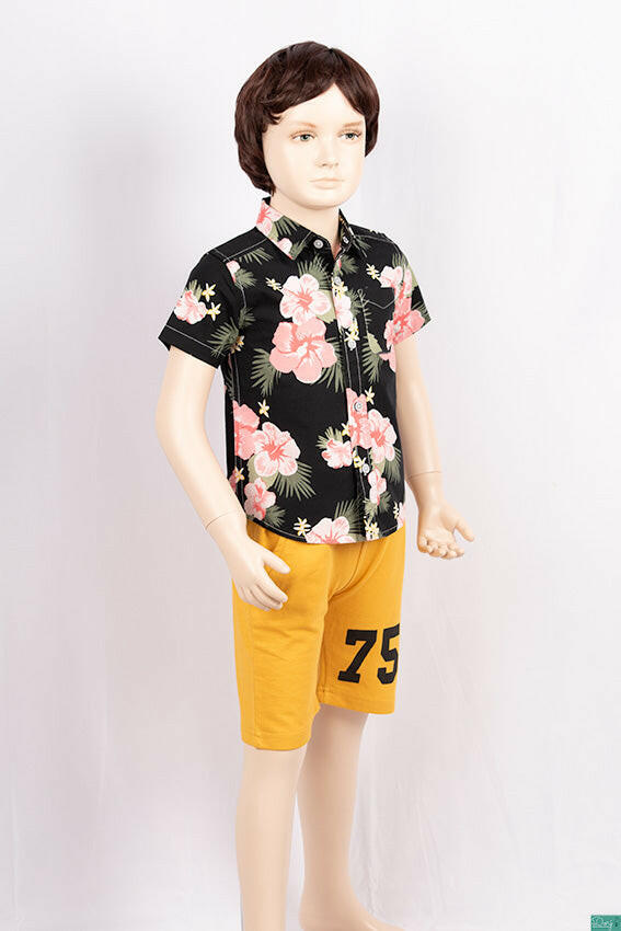 Boy’s half sleeve slim fit Shirts with Pink floral print on black.