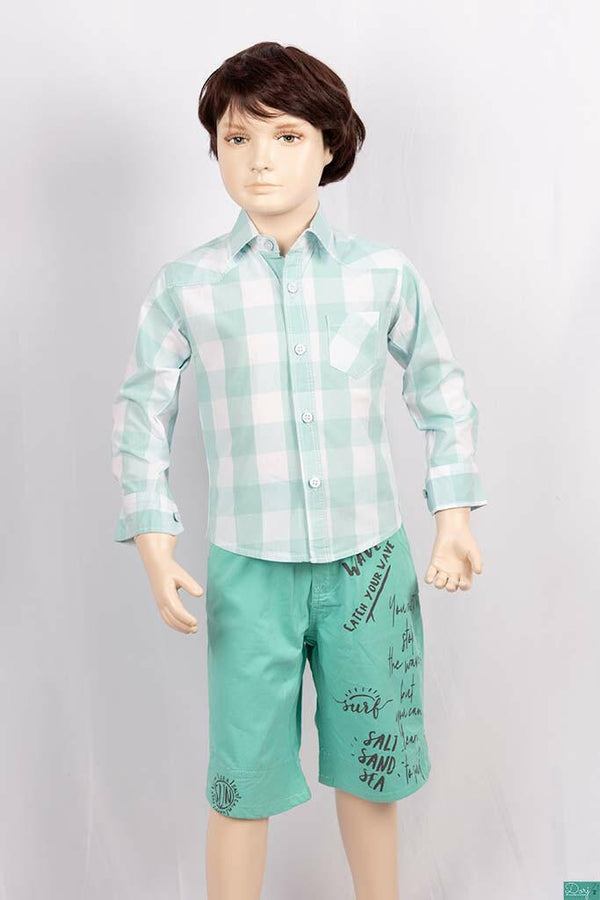 Boys full sleeve slim fit Shirts with mint green & white large check.
