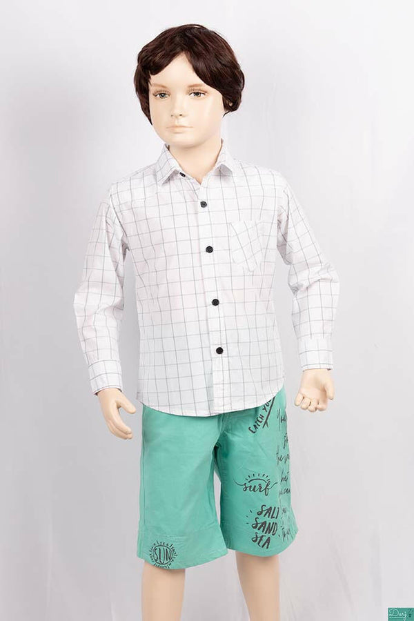 Boys full sleeve slim fit Shirt with pastel green check on white.