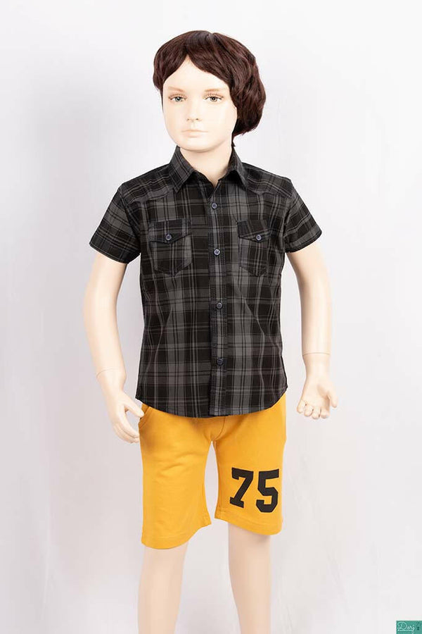 Boy’s half sleeve slim fit Shirt on charcoal & Black check with pockets.