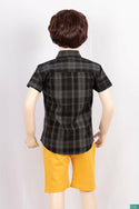 Boy’s half sleeve slim fit Shirt on charcoal & Black check with pockets.