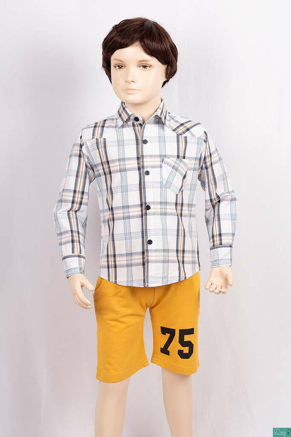 Boys full sleeve slim fit Shirt with Navy, Sky blue, coffee & white check.
