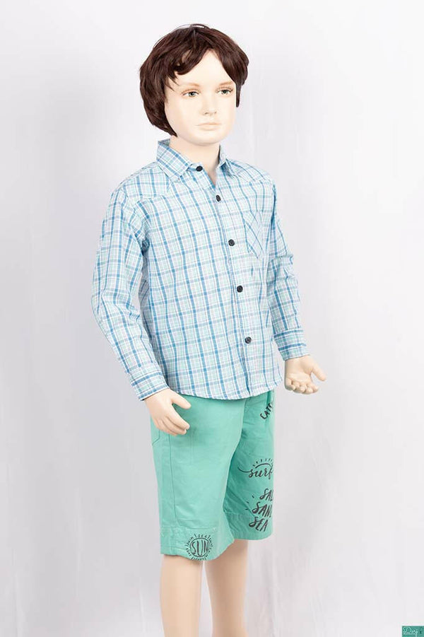 Boys full sleeve slim fit Shirt with mint, Blue & white check.