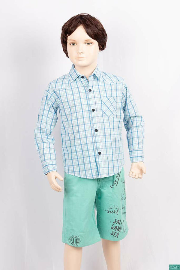 Boys full sleeve slim fit Shirt with mint, Blue & white check.