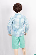 Boys full sleeve slim fit Shirt with mint, Blue & white check.
