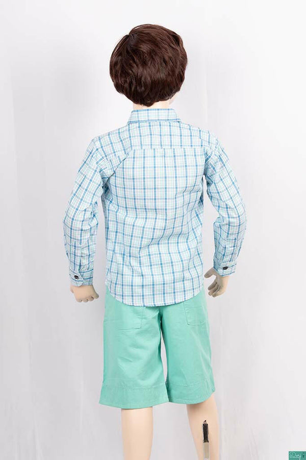Boys full sleeve slim fit Shirt with mint, Blue & white check.