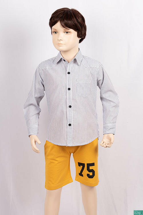 Boys full sleeve slim fit Shirts in Greyish black Stripes on white with pocket.