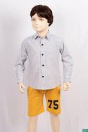 Boys full sleeve slim fit Shirts in Greyish black Stripes on white with pocket.