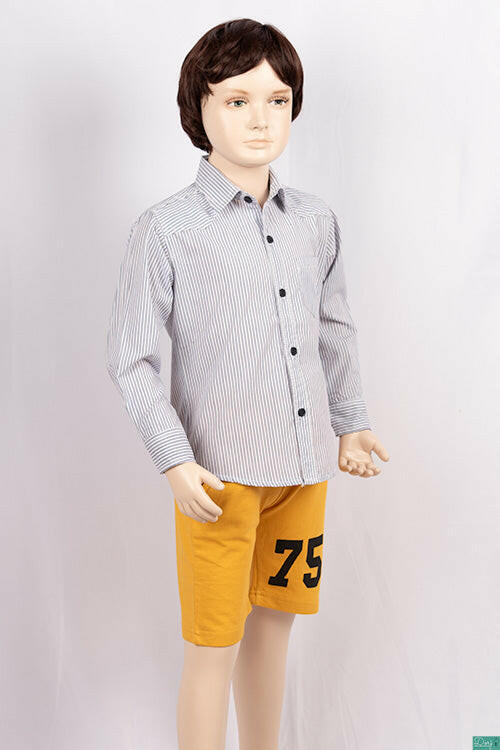 Boys full sleeve slim fit Shirts in Greyish black Stripes on white with pocket.