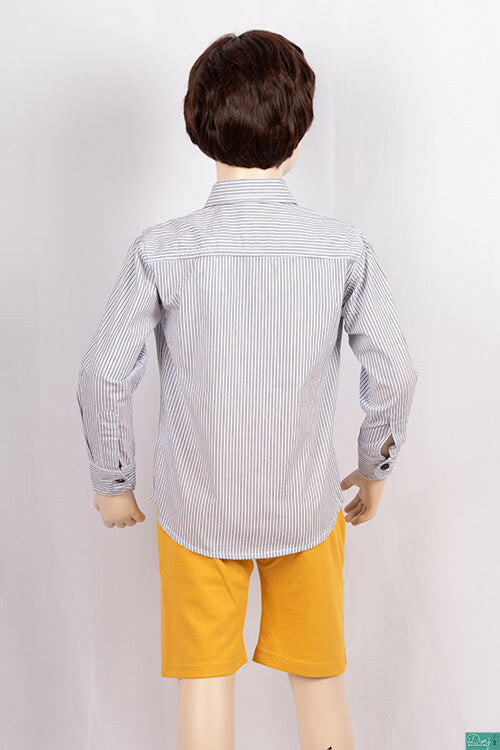 Boys full sleeve slim fit Shirts in Greyish black Stripes on white with pocket.