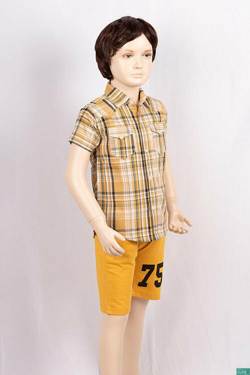 Boy’s half sleeve slim fit Shirt on mustard yellow, black & white check with pockets.