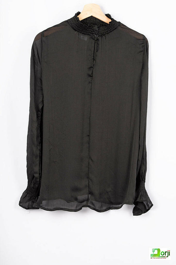 Black loose fit Ruffle ladies top with high ruffle neck & full ruffle sleeve.