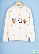 Full sleeve loose fit round neck Girl's sweater in White colour.