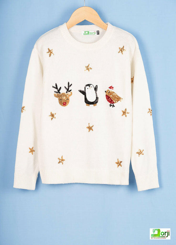 Full sleeve loose fit round neck Girl's sweater in White colour.