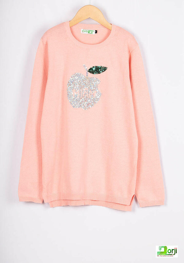 Full sleeve loose fit round neck Girl's sweater in Baby pink colour.