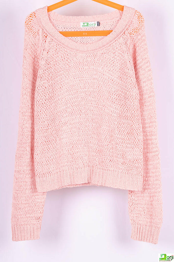 Girl's crew neck casual fit full sleeve Chunky knit short length sweater