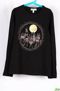 Girl's crew neck casual fit full sleeve golden castle designed jumper in Black.