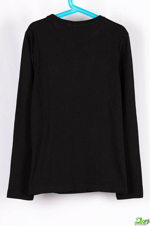 Girl's crew neck casual fit full sleeve golden castle designed jumper in Black.