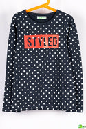 Girl's crew neck casual fit full sleeve styled polka jumper in Navy blue.