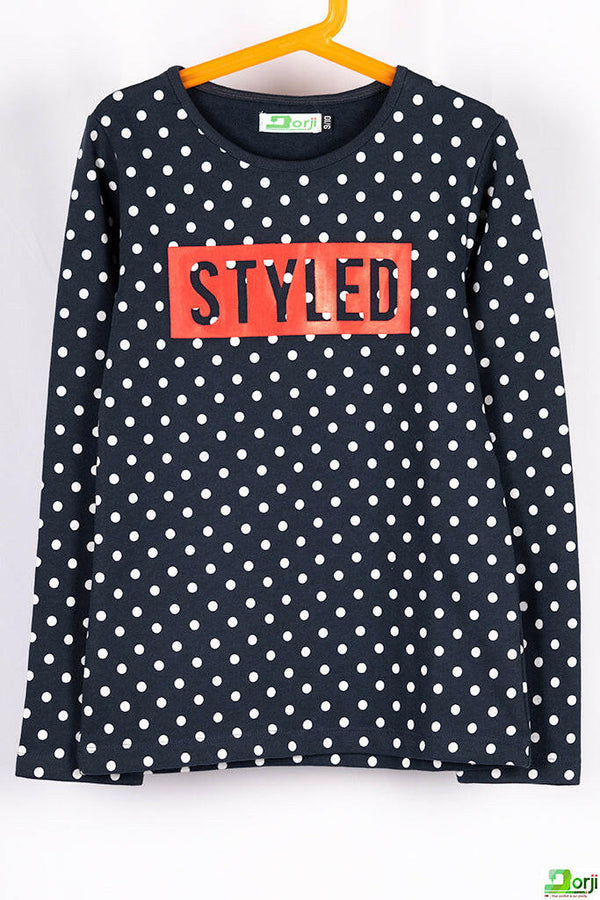 Girl's crew neck casual fit full sleeve styled polka jumper in Navy blue.