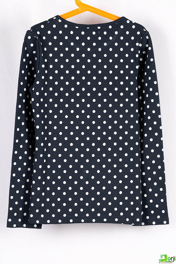 Girl's crew neck casual fit full sleeve styled polka jumper in Navy blue.