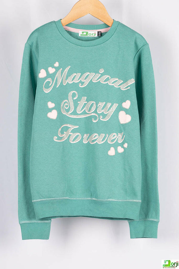 Girl's full sleeve crew neck magical story jumper in Pastel dusty Blue.