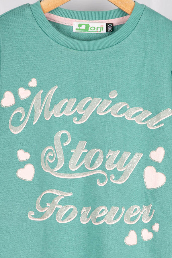 Girl's full sleeve crew neck magical story jumper in Pastel dusty Blue.