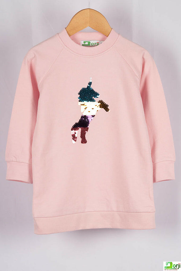 Girl's full sleeve crew neck glittery unicorn jumper in Pink.