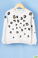 Girl's full sleeve crew neck leopard print jumper in Ash.