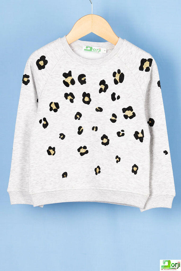 Girl's full sleeve crew neck leopard print jumper in Ash.