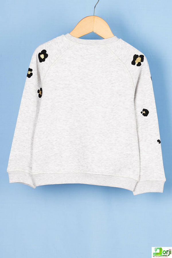 Girl's full sleeve crew neck leopard print jumper in Ash.