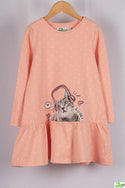 Girl's full sleeve kitty dress in Pastel Baby Pink.