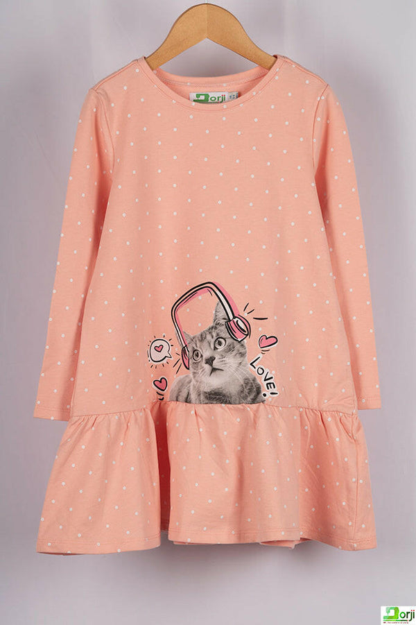 Girl's full sleeve kitty dress in Pastel Baby Pink.