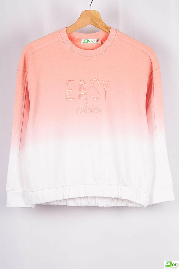 Girl's crew neck casual fit 3/4 sleeve jumper in Peachy Pink -White shade.