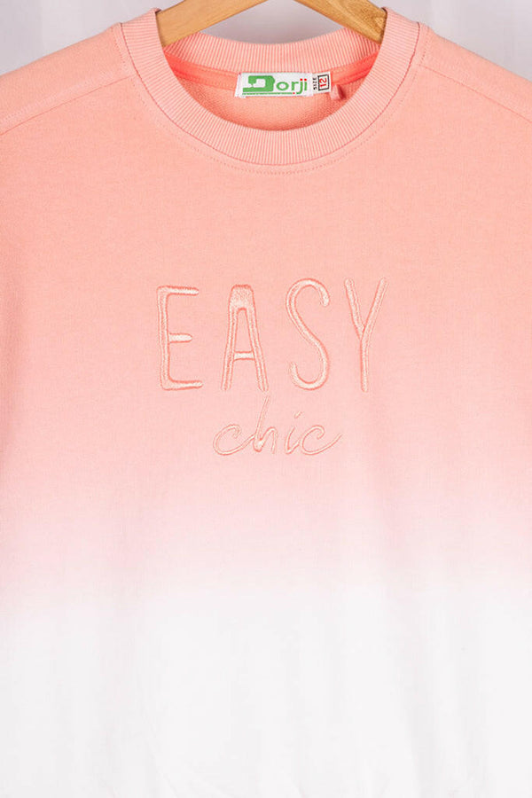 Girl's crew neck casual fit 3/4 sleeve jumper in Peachy Pink -White shade.