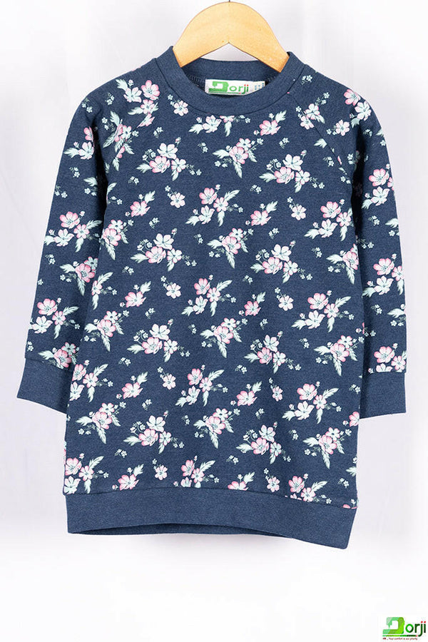 Girl's crew neck casual fit 3/4 sleeve pinkish floral jumper in Navy Blue.