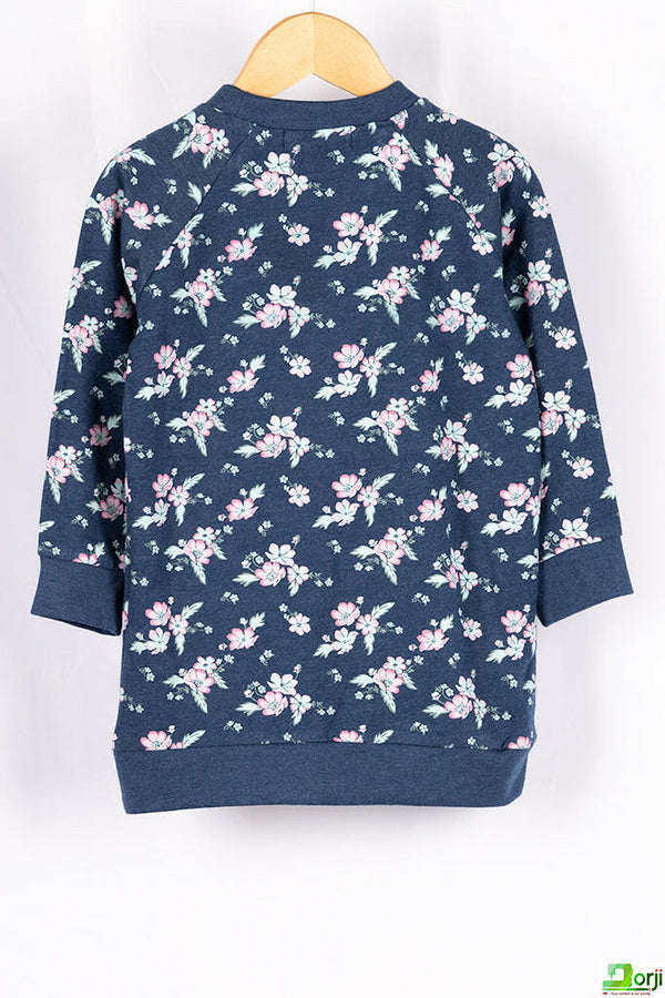 Girl's crew neck casual fit 3/4 sleeve pinkish floral jumper in Navy Blue.