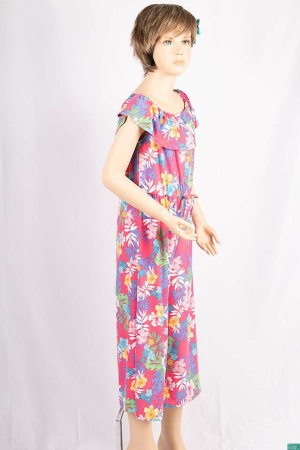 Girl’s colourful floral soft off shoulder sleeveless jumpsuit on Pink with a Stretchable waist and elastane body.