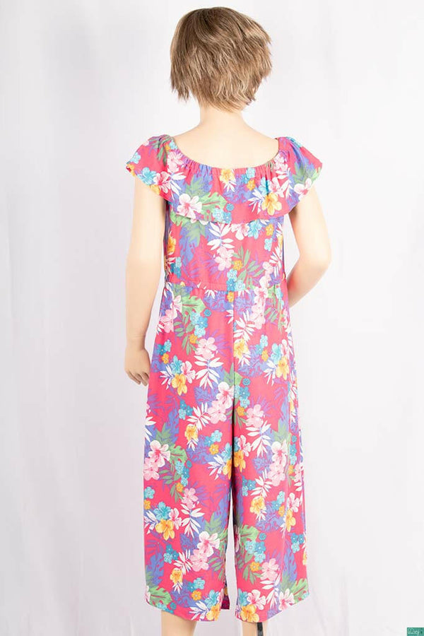 Girl’s colourful floral soft off shoulder sleeveless jumpsuit on Pink with a Stretchable waist and elastane body. 