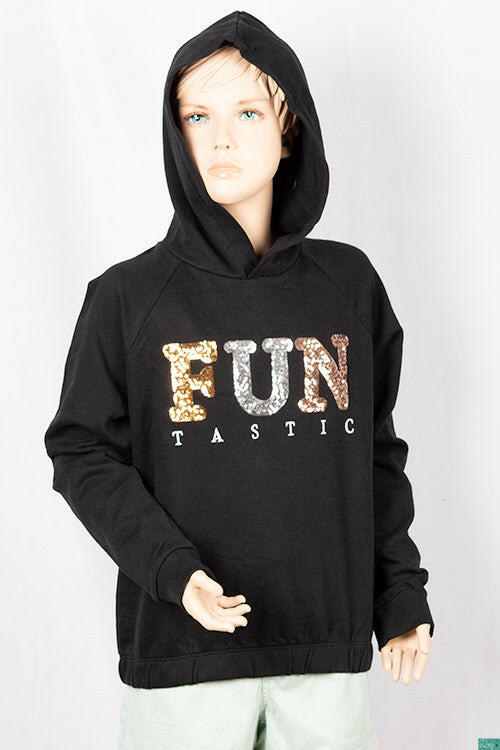 Girl's full sleeve casual fit hoodie with a glittery sequence Design on chest.