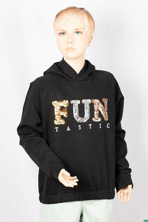 Girl's full sleeve casual fit hoodie with a glittery sequence Design on chest.