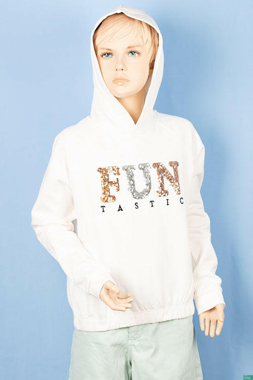Girl's full sleeve casual fit hoodie with a glittery sequence Design on chest.
