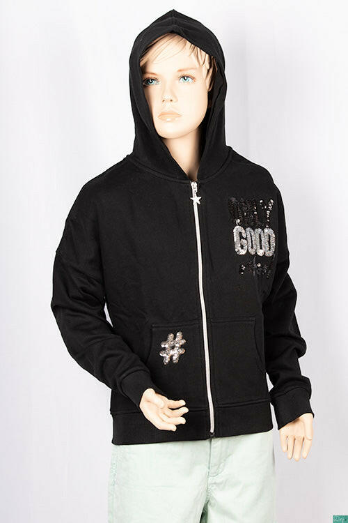 Girl's full sleeve casual fit hoodie with a glittery sequence Design on chest.
