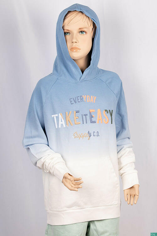 Girl's full sleeve casual fit hoodie on Sky Blue & White Shade with front pockets