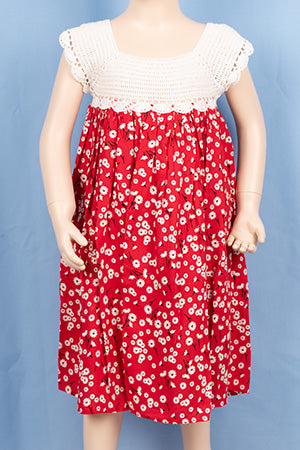 Little Girls short sleeve crochet work dress on white floral print on red colour. 