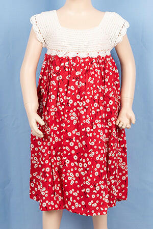 Little Girls short sleeve crochet work dress on white floral print on red colour.
