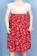 Little Girls short sleeve crochet work dress on white floral print on red colour.