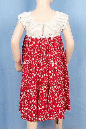 Little Girls short sleeve crochet work dress on white floral print on red colour.