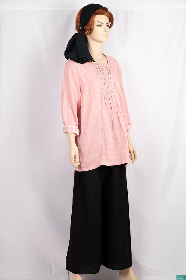 Ladies pleated square neck design full sleeve loose fit tops in Pastel Pink.